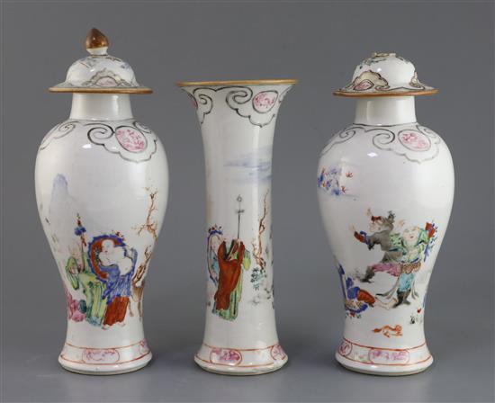 A garniture of three Chinese famille rose eighteen luohan vases, Qianlong period, 14.3cm - 18.5cm, some damage